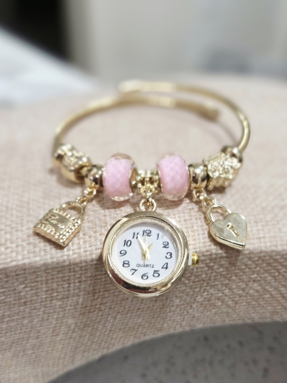Gold-Tone Pink Bead Charm Bracelet Watch -